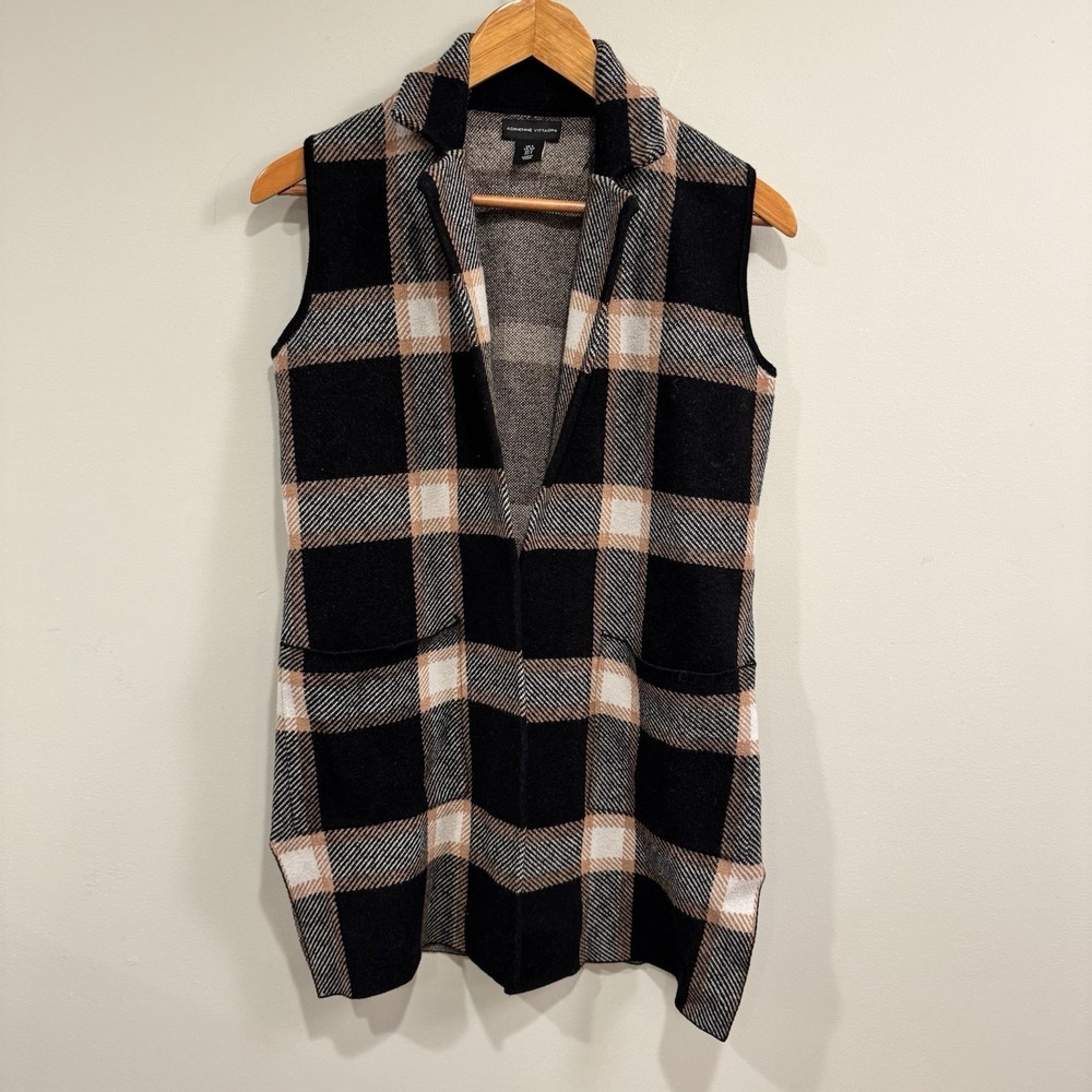 Adrienne Vittadini Women Vest Plaid Brown Gray Pockets Sz S